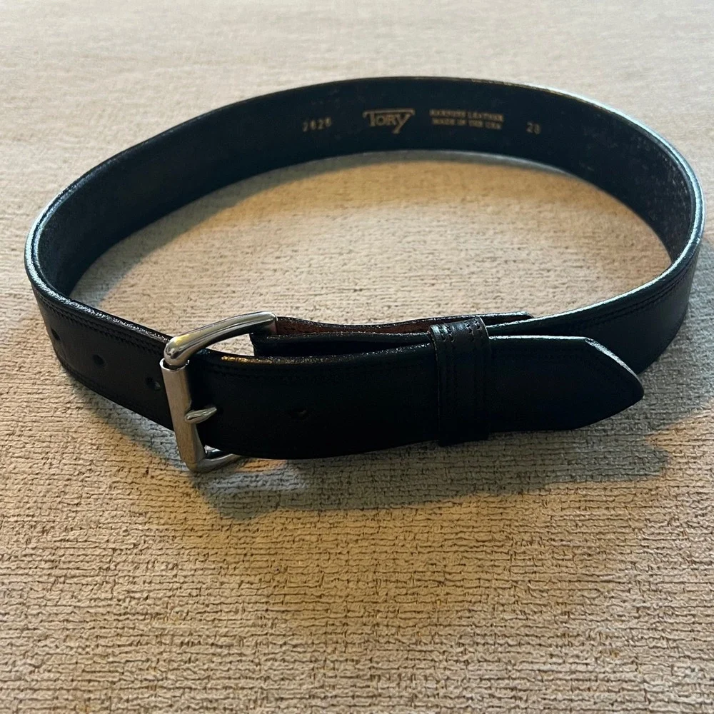 Tory Leather Black Harness Leather‎ Belt Silver Buckle Made in USA 2826 Size 28